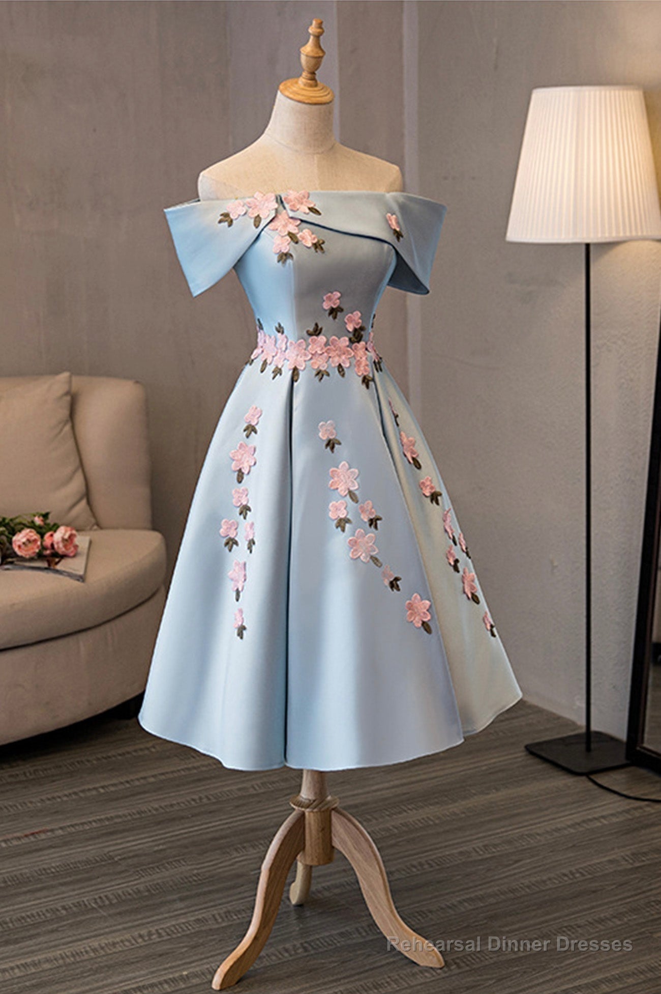 Blue Satin Off the Shoulder Prom Dresses, A-Line Homecoming Dresses Secondary image