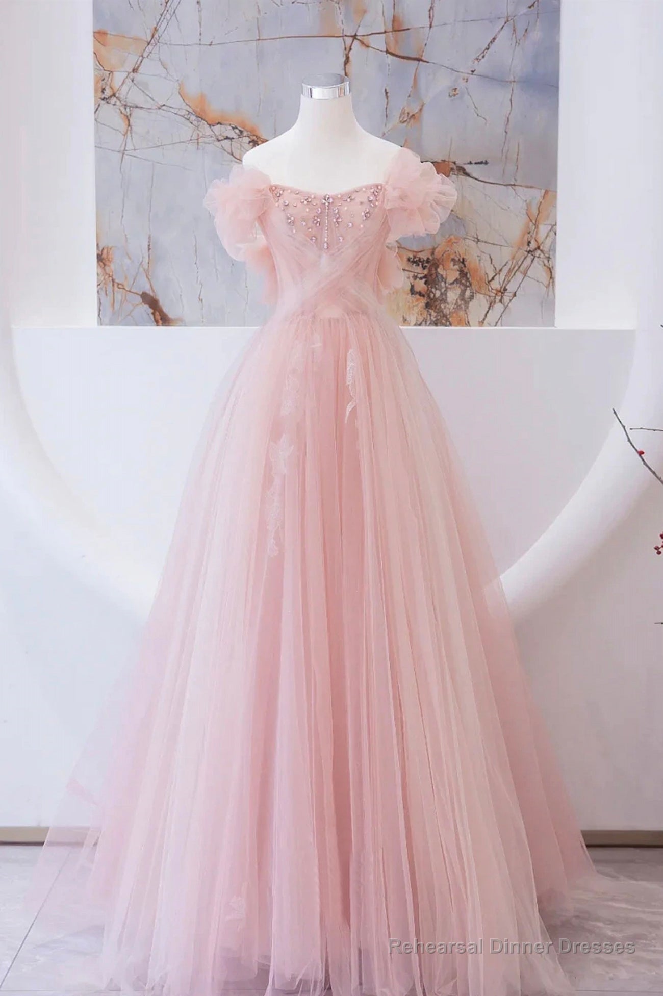 Pink Tulle Beaded Long Prom Dress, A-Line Evening Party Dress Main image