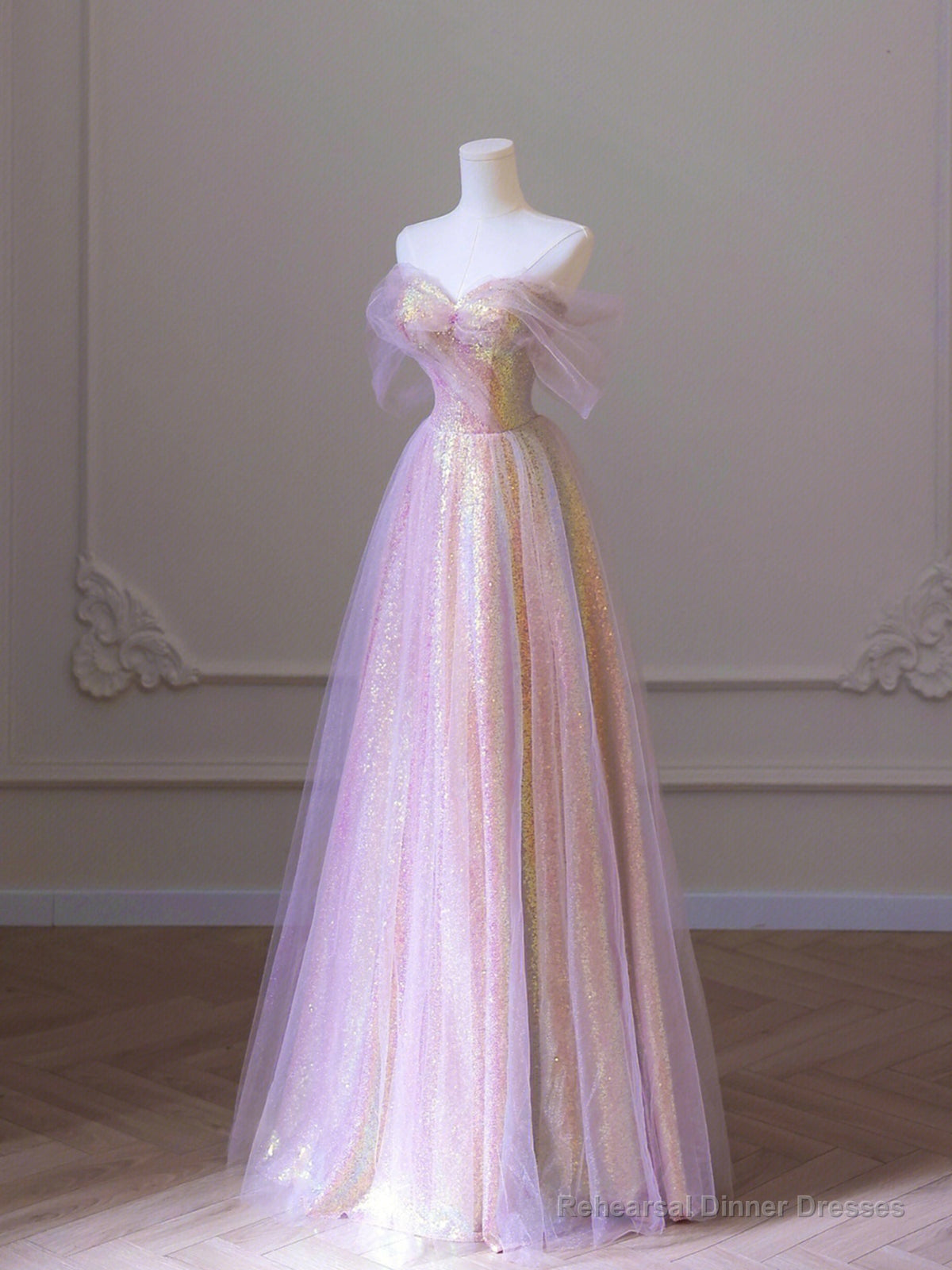 Shiny Tulle Sequins Long Prom Dress, A-Line Off the Shoulder Evening Dress Main image