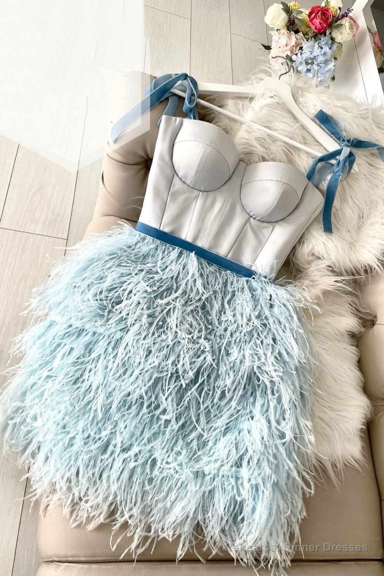 Blue A-Line Knee Length Prom Dress, Spaghetti Strap Party Dress with Feathers Main image