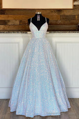 A-Line Sequins Long Prom Dresses, White Formal Evening Dresses