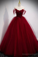 Burgundy Tulle Long A-Line Prom Dress, Burgundy Evening Party Dress