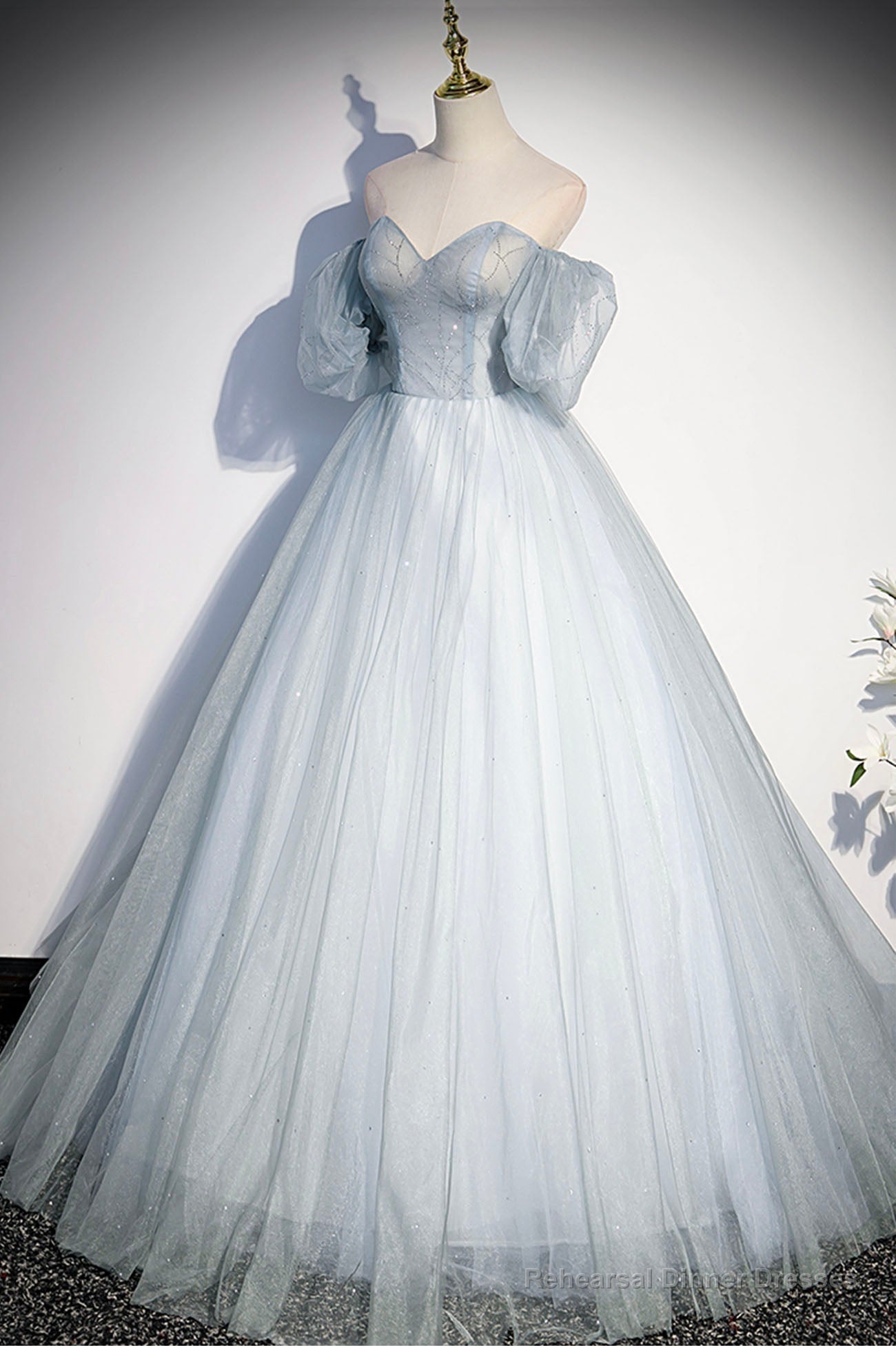 Blue Tulle Long A-Line Prom Dress, Blue Off the Shoulder Evening Dress Main image