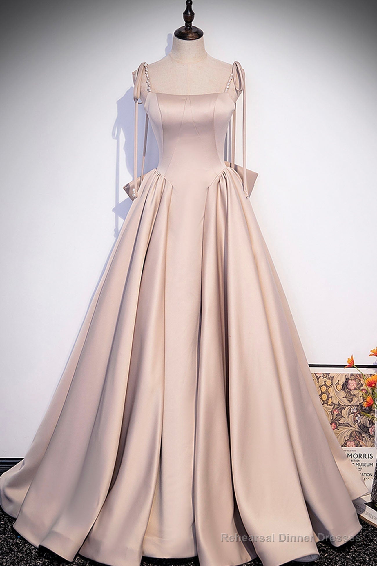 Pink Satin Long Formal Dresses, Graduation Dresses with Bows Main image