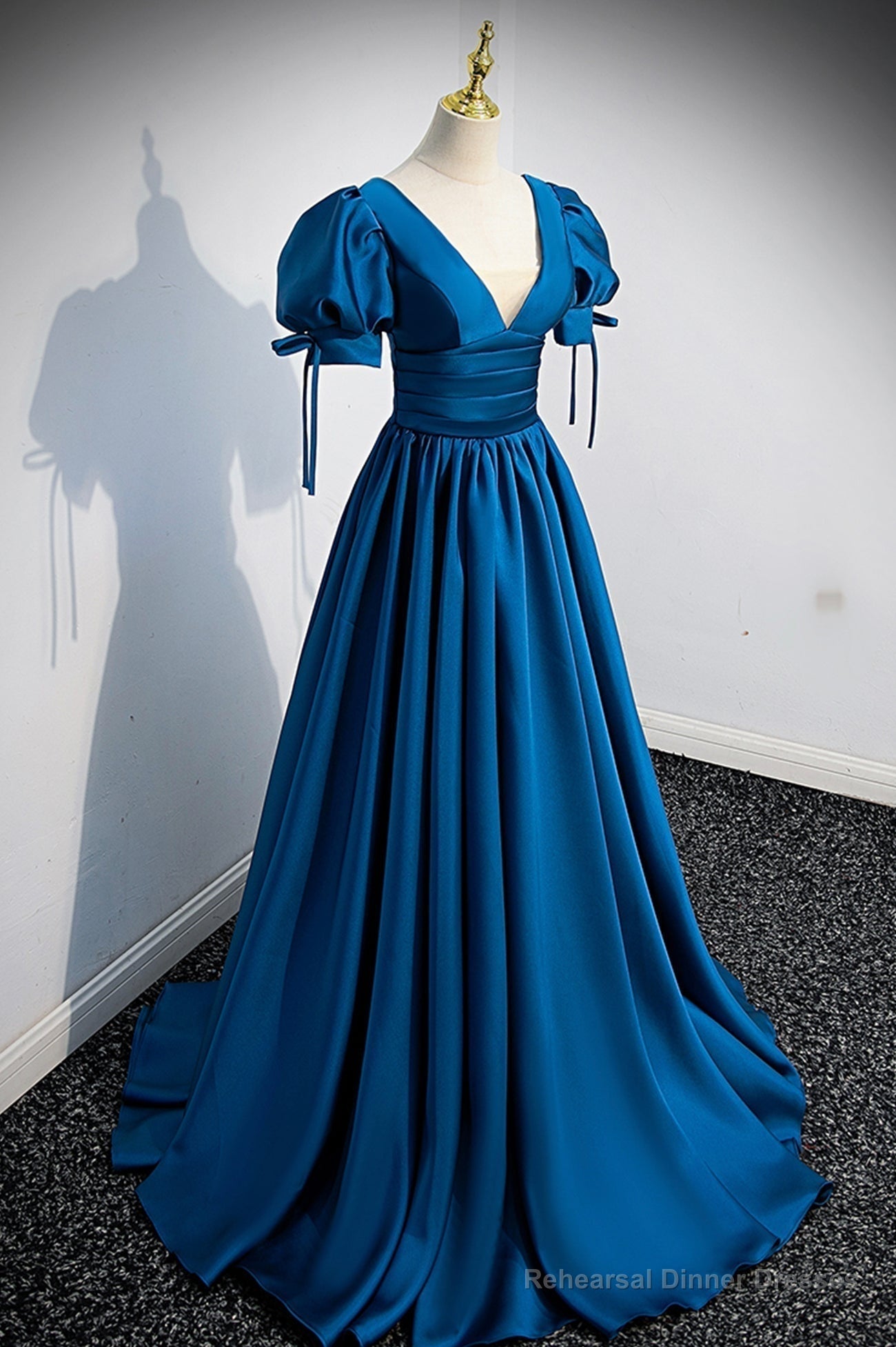 Blue V-Neck Satin Long Prom Dress, Simple A-Line Evening Dress Main image
