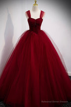 Burgundy Tulle Long A-Line Prom Dress, Burgundy Evening Party Dress