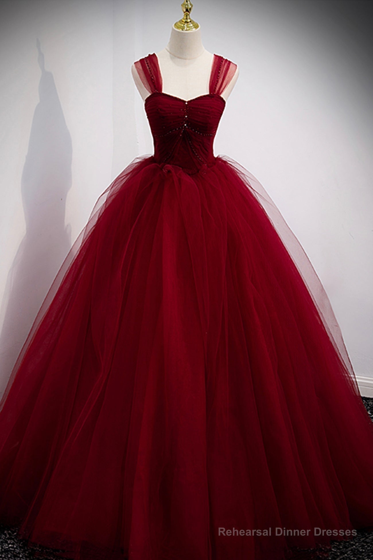 Burgundy Tulle Long A-Line Prom Dress, Burgundy Evening Party Dress