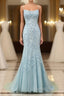 Mermaid Blue Long Evening Prom Dress Backless Evening Dress