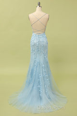 Mermaid Blue Long Evening Prom Dress Backless Evening Dress