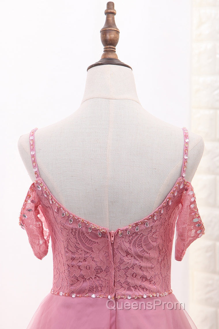 Chic Tulle Lace Spaghetti Strap With Beading Homecoming Dress