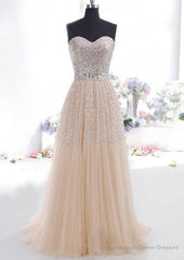 Strapless A-Line/Princess Sweep Train Tulle Prom Dress With Beaded