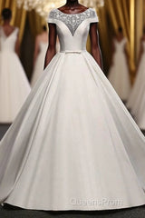 Chic Round Neck Lace Satin Short Sleeves Long Ball Gown Wedding Dress