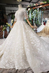 Luxury Lace Wedding Dress Scoop Half Sleeves Appliques Ball Gown