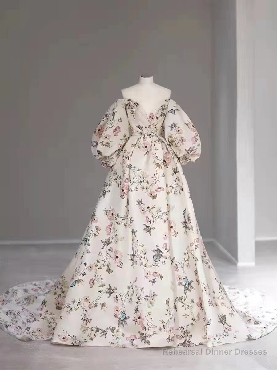 Bubble Sleeves A-line Prom Dresses, Elegant Floral Long Prom Dresses, Popular Wedding Guest Dresses Secondary image