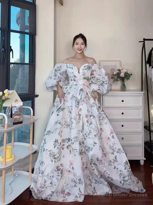 Bubble Sleeves A-line Prom Dresses, Elegant Floral Long Prom Dresses, Popular Wedding Guest Dresses Main image