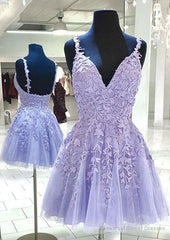 A-line V Neck Sleeveless Lace Tulle Short/Mini Homecoming Dress With Appliqued Beading
