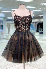 Black Spaghetti Straps Appliques Tulle Short Homecoming Dress