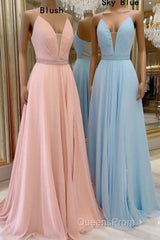 A-line V Neck Sleeveless Chiffon Sweep Train Evening Prom Dress With Beading Pleated