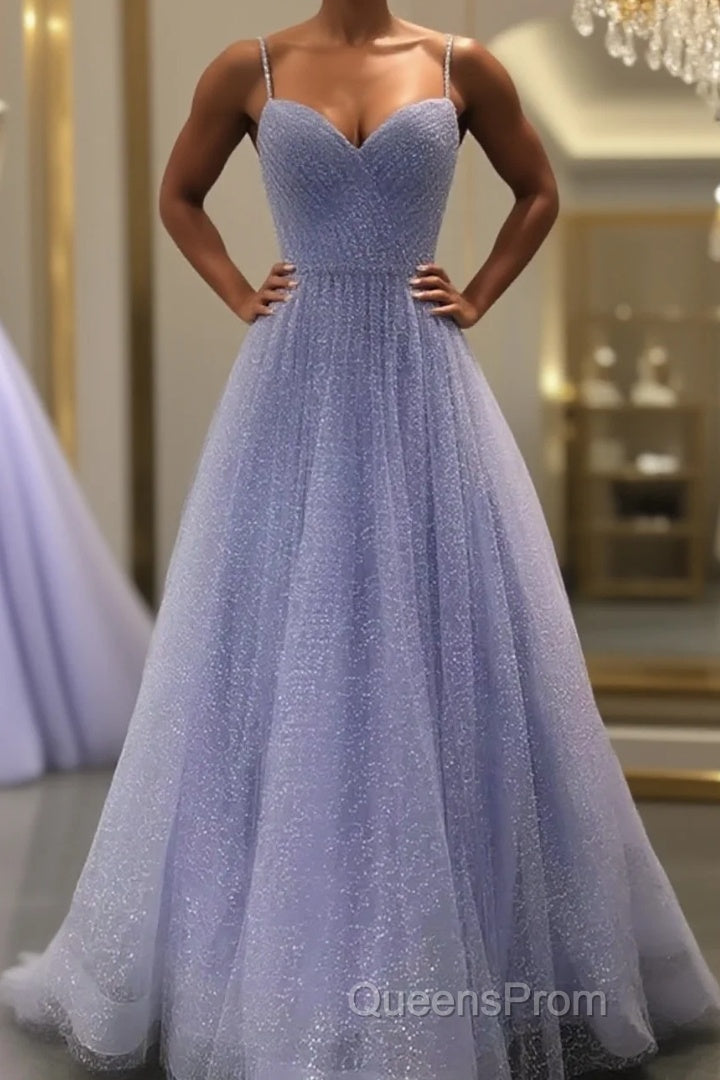 Lavender Evening Prom Dress, A-line V Neck Spaghetti Straps Long/Floor-Length Tulle Evening Prom Dress With Beading Sequins Main image