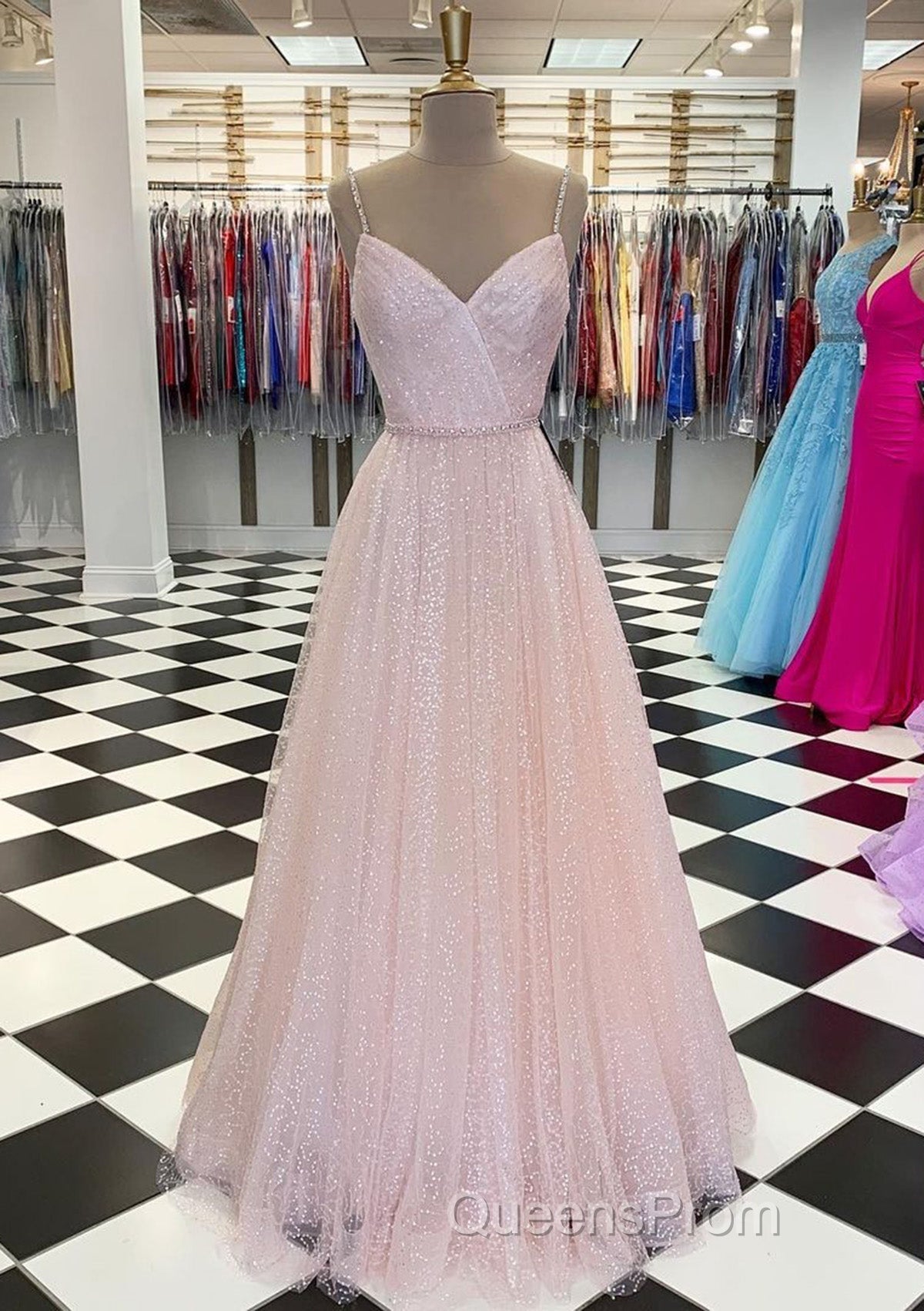 Lavender Evening Prom Dress, A-line V Neck Spaghetti Straps Long/Floor-Length Tulle Evening Prom Dress With Beading Sequins Secondary image