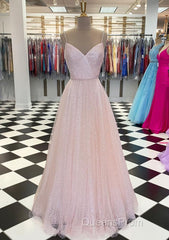Lavender Evening Prom Dress, A-line V Neck Spaghetti Straps Long/Floor-Length Tulle Evening Prom Dress With Beading Sequins