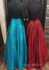 Fantasy Evening Prom Dress, Princess A-line Bateau Sleeveless Sequined Long/Floor-Length Evening Prom Dress