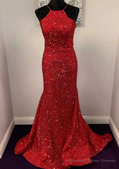 Trumpet/Mermaid Halter Sleeveless Sweep Train Velvet Sequins Prom Dress