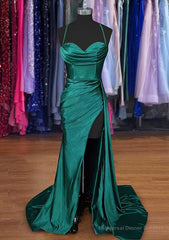 A-line Sweetheart Spaghetti Straps Sweep Train Silk like Satin Ruched Prom Dress- Prom Dresses