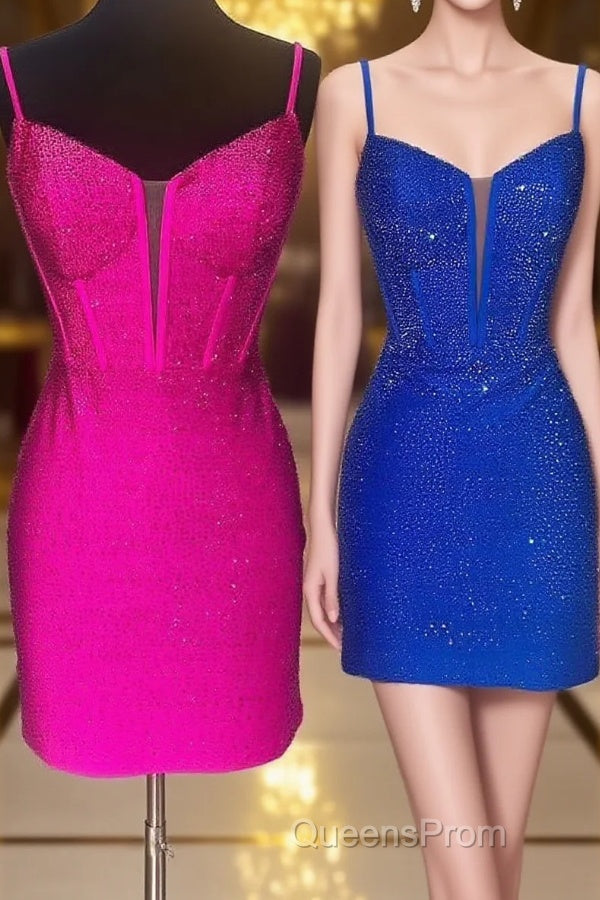 Royal Blue Beaded Sheath Deep V Neck Homecoming Dress Main image