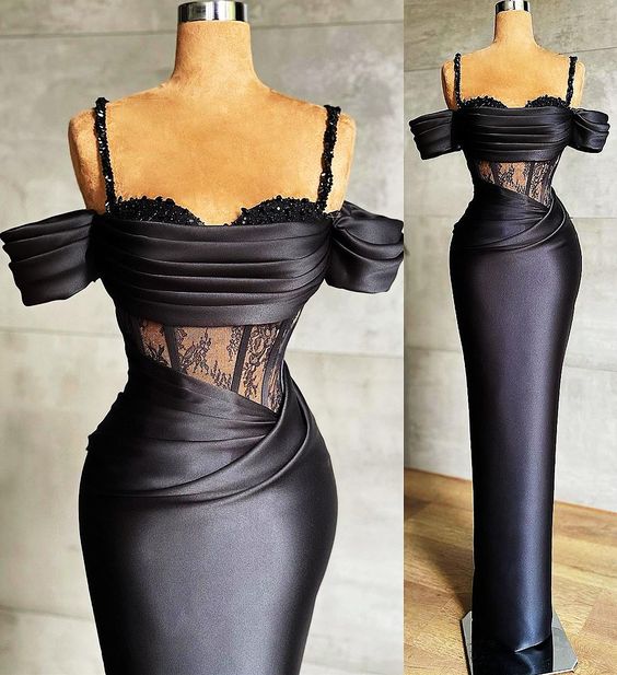 2026 Plus Size Arabic Aso Ebi Black Lace Beaded Classy Prom Dress Spaghetti Sheath Satin Classy Evening Classy Party Second Reception Gowns Main image