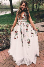 V-Neck Sexy Floral Embroidered Long Classy Prom Dress