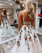 V-Neck Sexy Floral Embroidered Long Classy Prom Dress
