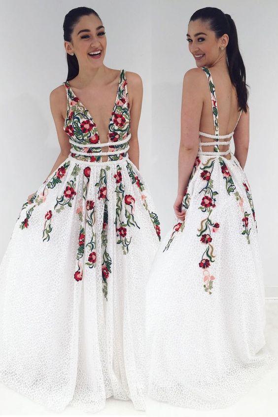 V-Neck Sexy Floral Embroidered Long Classy Prom Dress