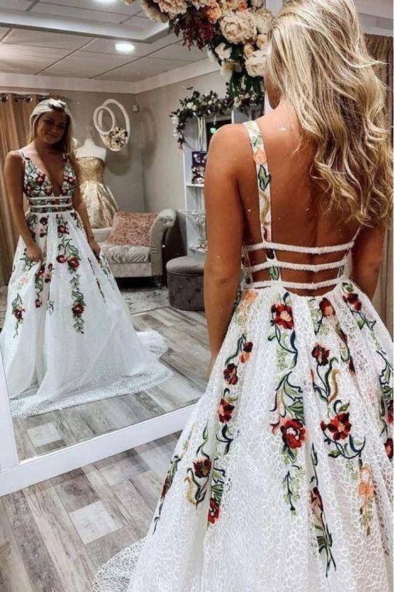 V-Neck Sexy Floral Embroidered Long Classy Prom Dress