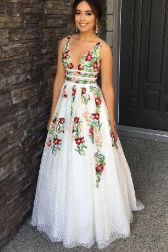 V-Neck Sexy Floral Embroidered Long Classy Prom Dress