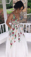 V-Neck Sexy Floral Embroidered Long Classy Prom Dress
