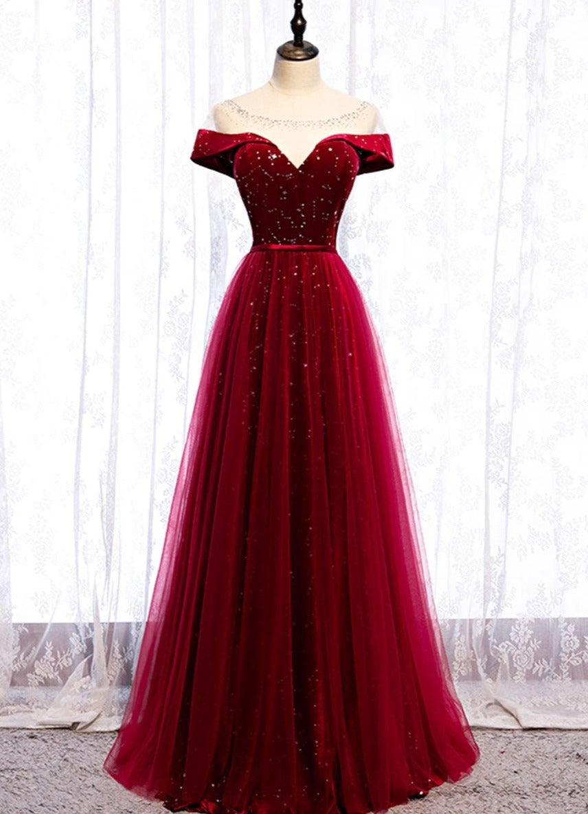 Wine Red Tulle with Velvet Long Party Dress, Wine Red Formal Dress Prom Dress Main image