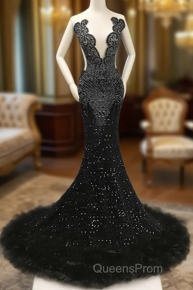 Black Mermaid Evening Prom Dress with Beaeded and Feathers Main image