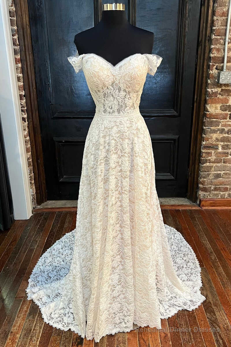 White Lace Off-the-Shoulder Cutout Floor-Length Wedding Dress Main image