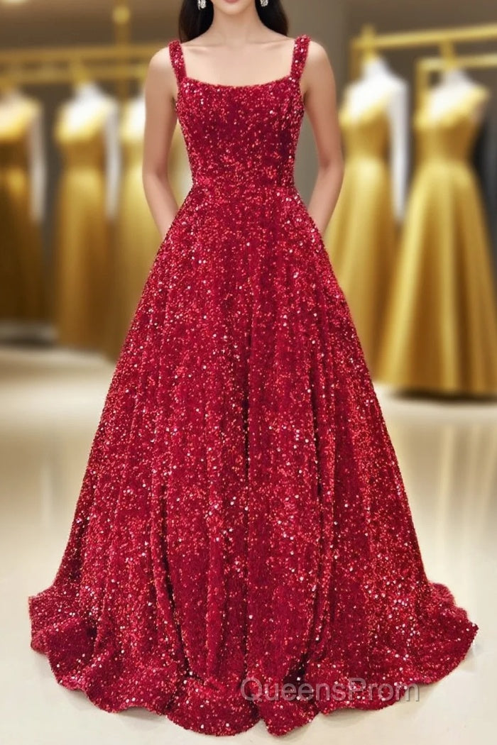Red Sequin Square Neck Backless A-Line Long Evening Prom Gown Main image