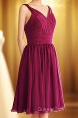 Magenta v-Neck Straps A-Line Short Bridesmaid Dress