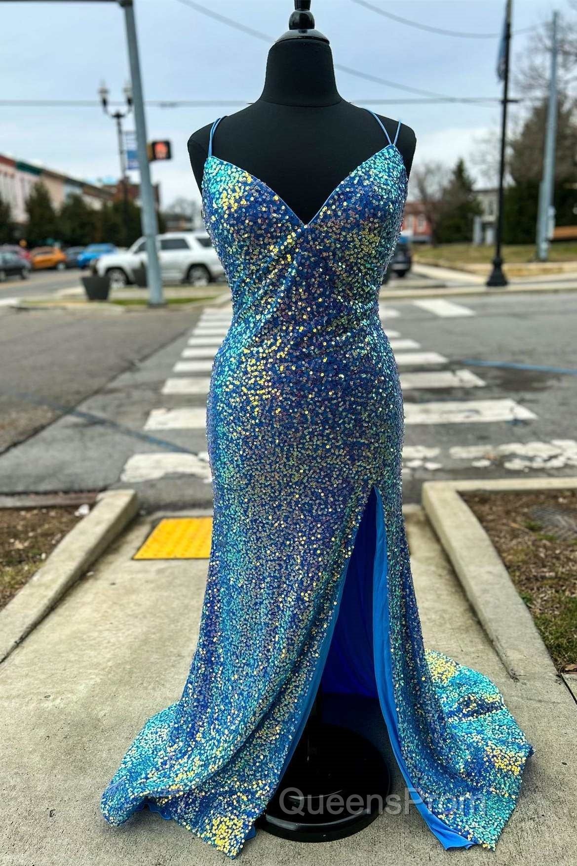 Purple Iridescent Sequin Empire Waist Lace-Up Mermaid Long Dress with Slit Secondary image