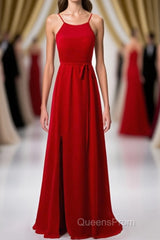 Red Chiffon Spaghetti Straps Backless A-Line Bridesmaid Dress with Slit