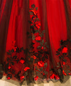Burgundy Round Neck Tulle Lace Applique Long Evening Prom Dress, Burgundy Evening Dress