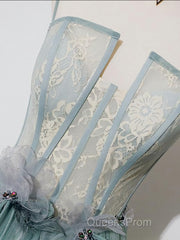 Green A Line Tulle Lace Long Evening Prom Dress, Green Tulle Formal Dress