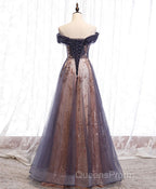 Unique Tulle Off Shoulder Lace Long Evening Prom Dress, Lace Formal Dress