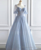 Blue V Neck Tulle Sequin Long Prom Dress, Blue Tulle Formal Dress, 1