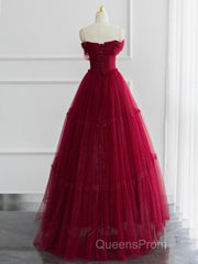 A-line Sweetheart Neck Tulle Burgundy Long Evening Prom Dress, Off Shoulder Burgundy Formal Dress