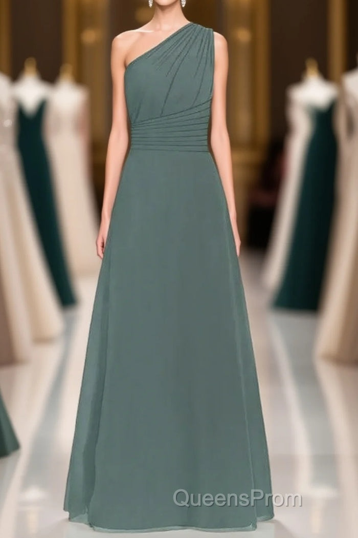 Dark Sage Green Chiffon One-Shoulder Long Bridesmaid Dress Main image