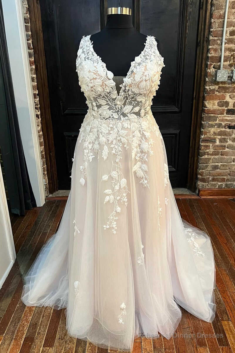 Ivory Appliques V-Neck Backless A-Line Long Wedding Dress Main image